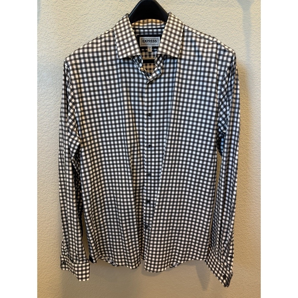 Express Fitted Mens XL Long Sleeve Gingham Button Up Shirt Black White Check
